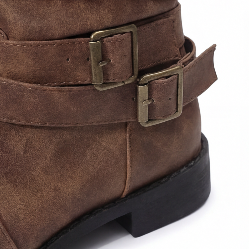 Women's Crushed Leather Mid Calf Boots with Buckles