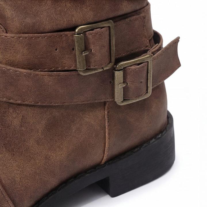 Women's Crushed Leather Mid Calf Boots with Buckles