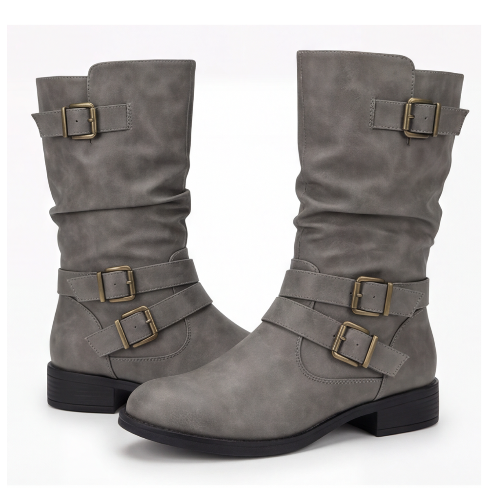 Women's Crushed Leather Mid Calf Boots with Buckles - Grey