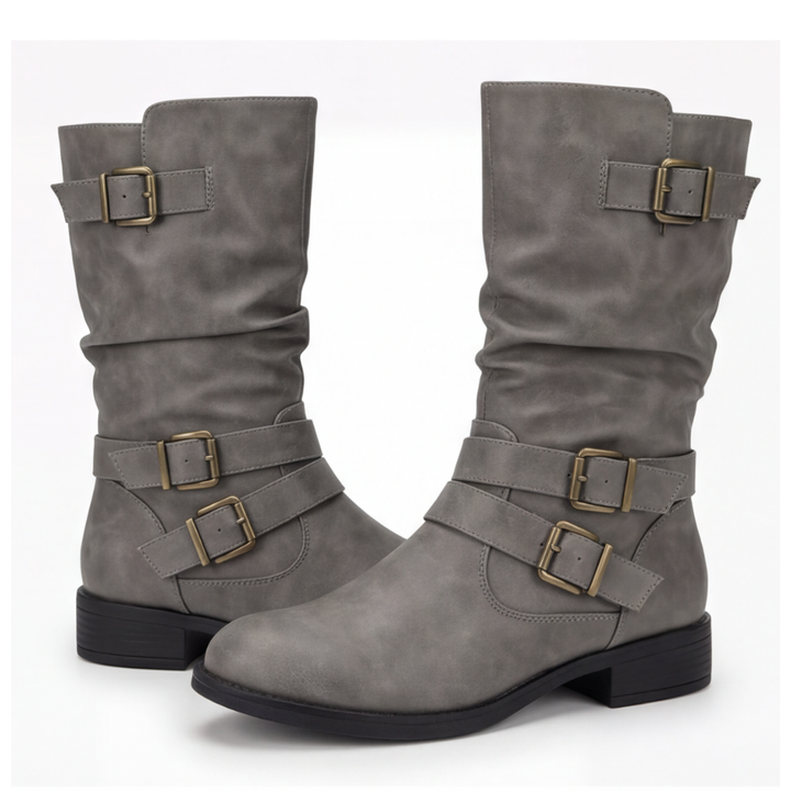 Women's Crushed Leather Mid Calf Boots with Buckles - Grey