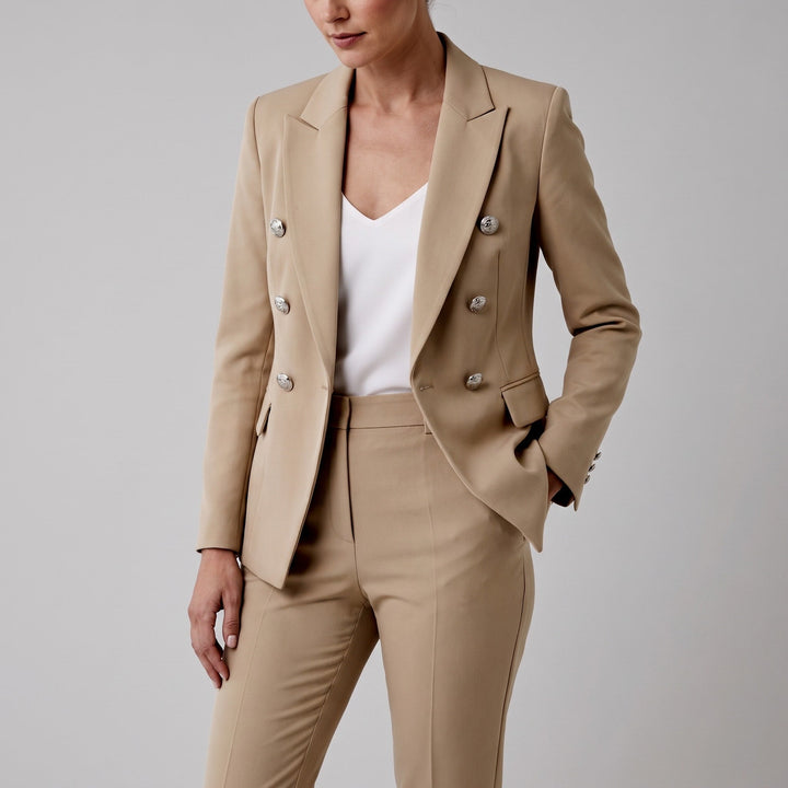 Women's Double-Breasted Blazer Trouser Set - Tailored Professional - Beige