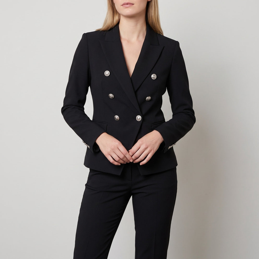 Women's Double-Breasted Blazer Trouser Set - Tailored Professional - Black