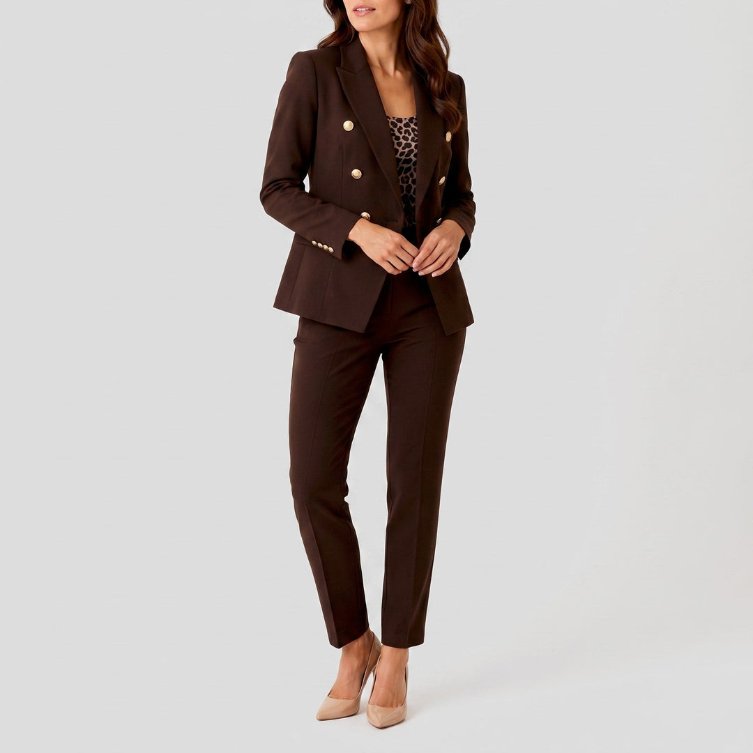 Women's Double-Breasted Blazer Trouser Set - Tailored Professional - Brown