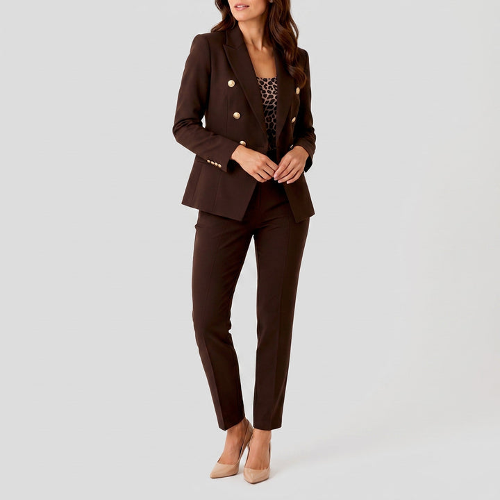 Women's Double-Breasted Blazer Trouser Set - Tailored Professional - Brown