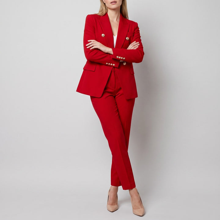 Women's Double-Breasted Blazer Trouser Set - Tailored Professional - Red