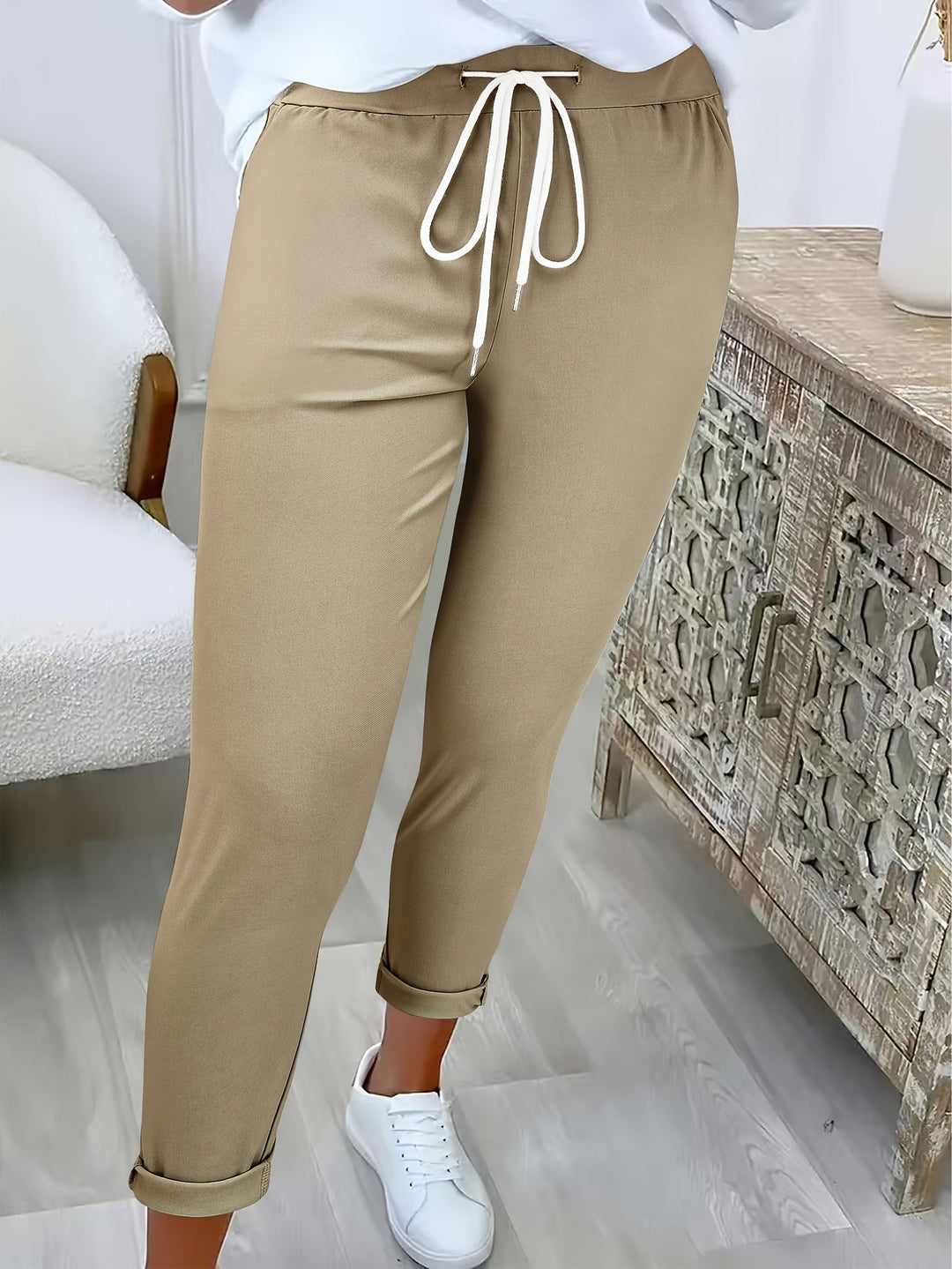 Women's Jogger Trousers with Elastic Waist and Drawstring - Ankle Fit - Khaki