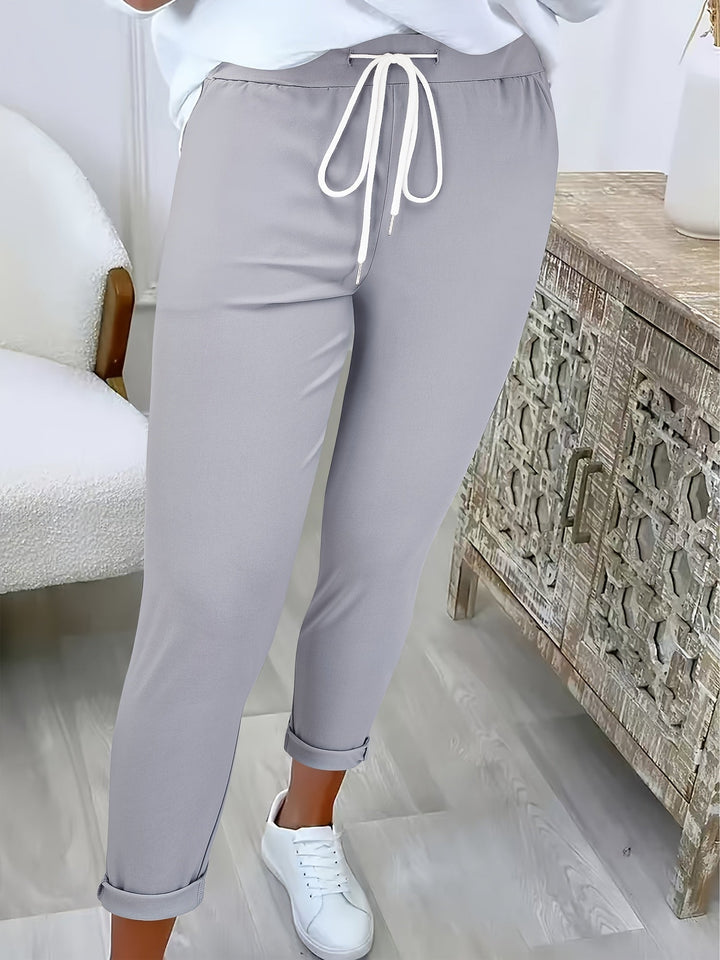 Women's Jogger Trousers with Elastic Waist and Drawstring - Ankle Fit - Light Grey