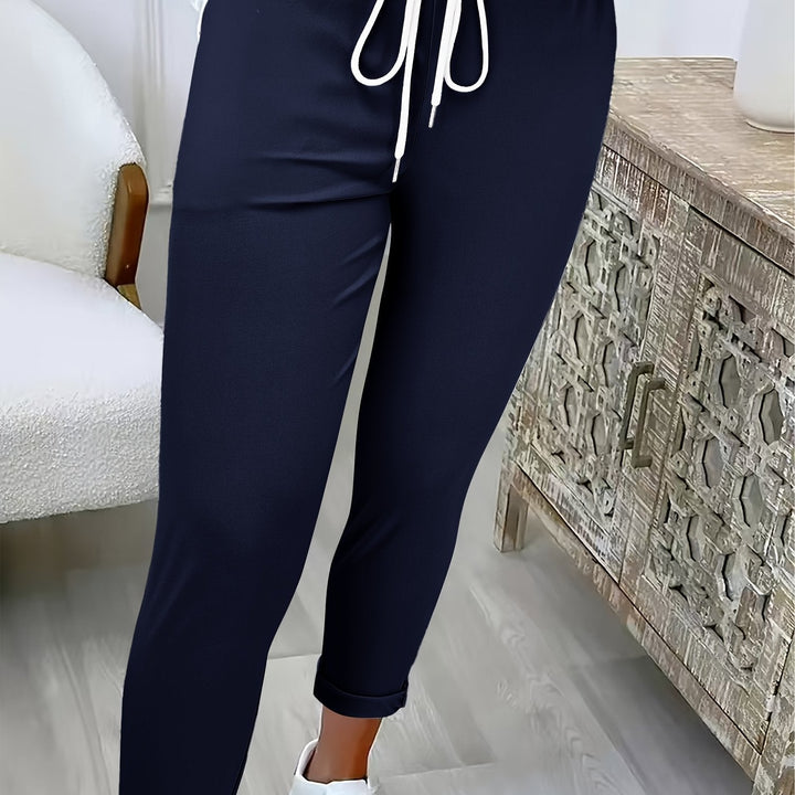 Women's Jogger Trousers with Elastic Waist and Drawstring - Ankle Fit - Navy