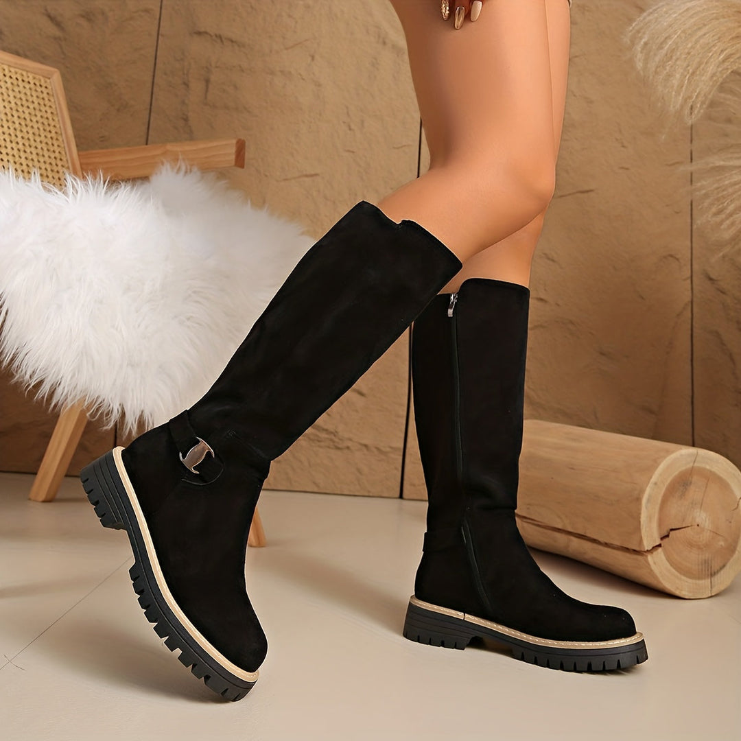 Women's Knee-High Boots with Lug Sole - Fitted Calf - Black