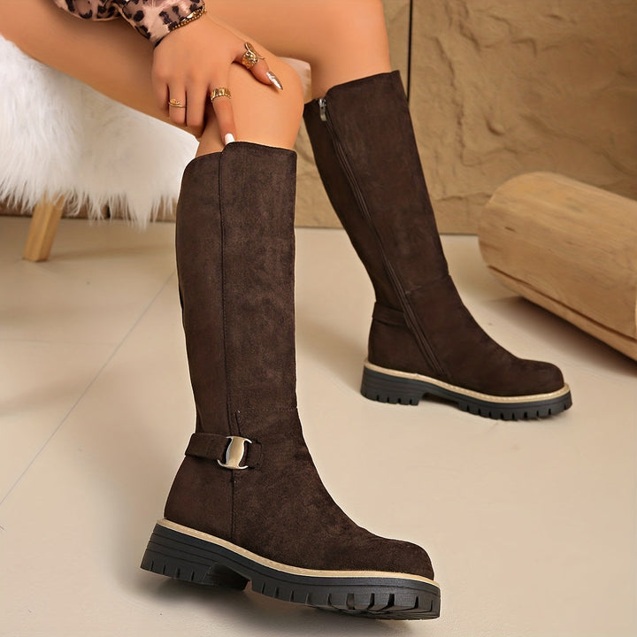 Women's Knee-High Boots with Lug Sole - Fitted Calf - Brown