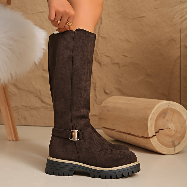 Women's Knee-High Boots with Lug Sole - Fitted Calf