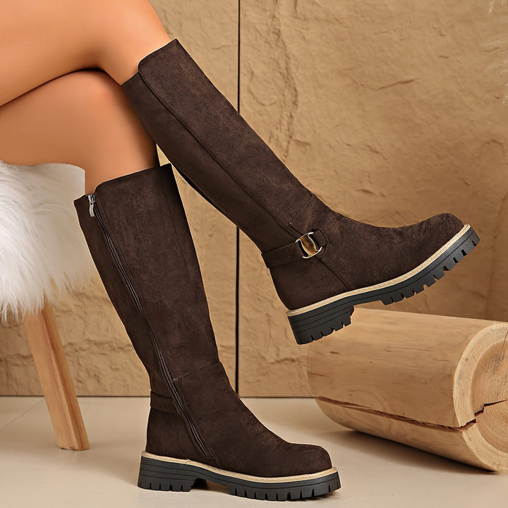 Women's Knee-High Boots with Lug Sole - Fitted Calf