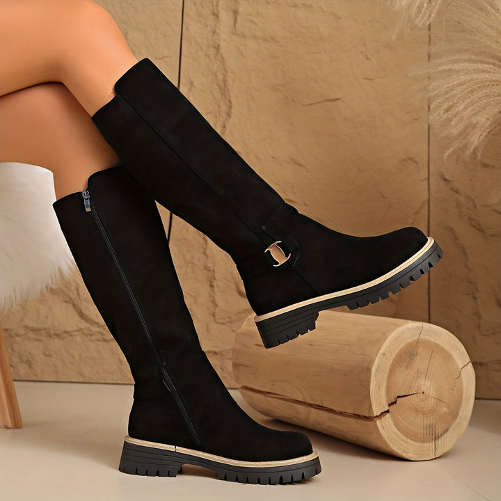 Women's Knee-High Boots with Lug Sole - Fitted Calf