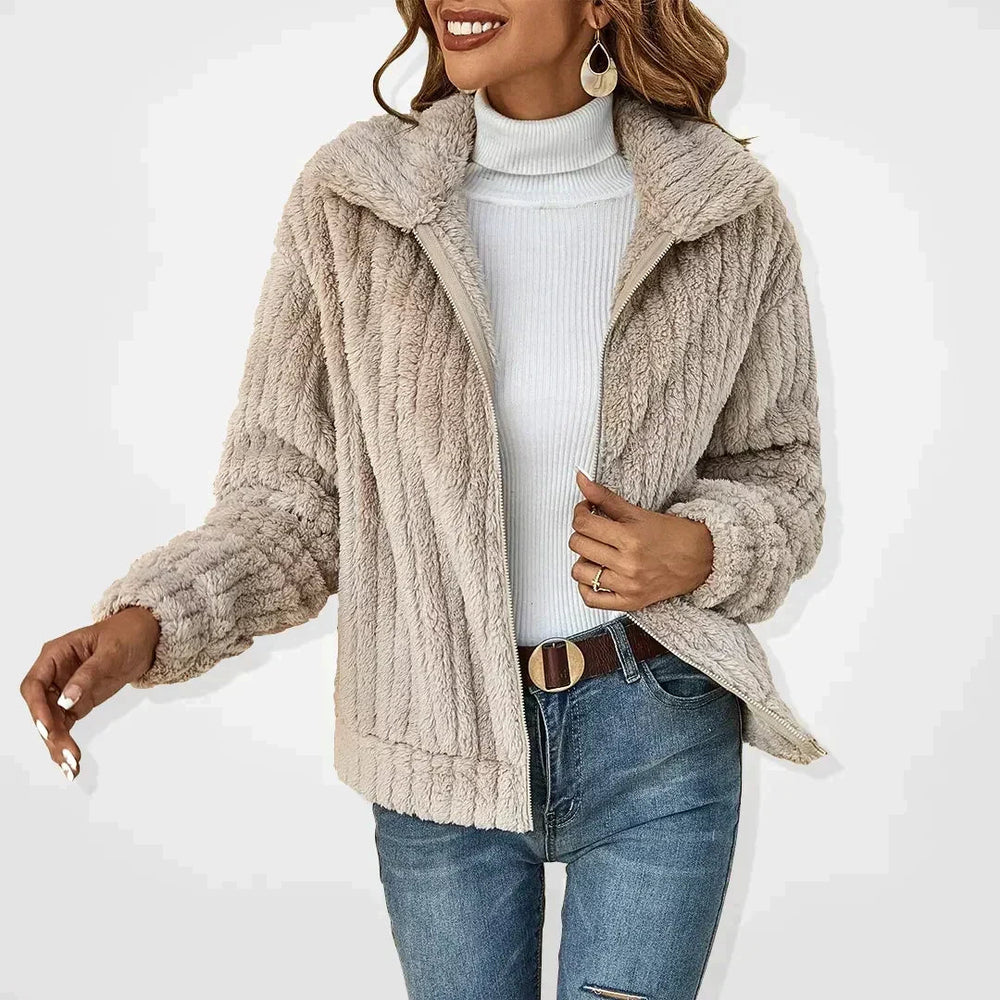 Women's Knit Jacket with Mock Neck and Zip - Relaxed Fit - Apricot