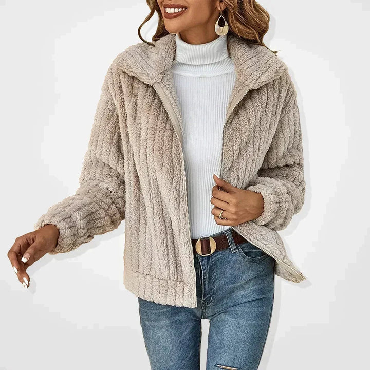 Women's Knit Jacket with Mock Neck and Zip - Relaxed Fit - Apricot