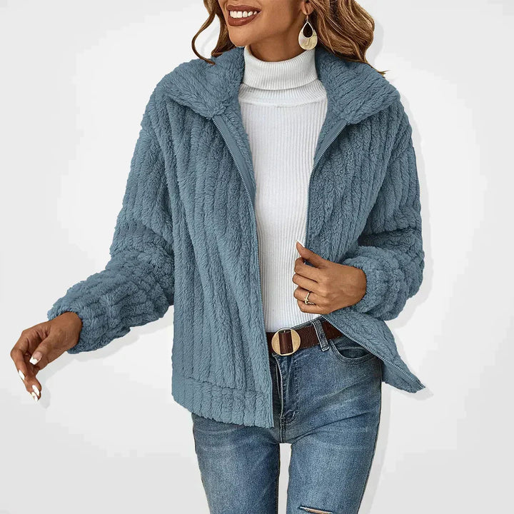 Women's Knit Jacket with Mock Neck and Zip - Relaxed Fit - Blue