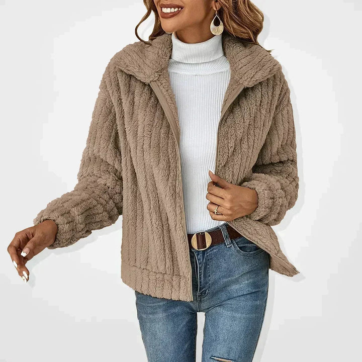 Women's Knit Jacket with Mock Neck and Zip - Relaxed Fit - Khaki