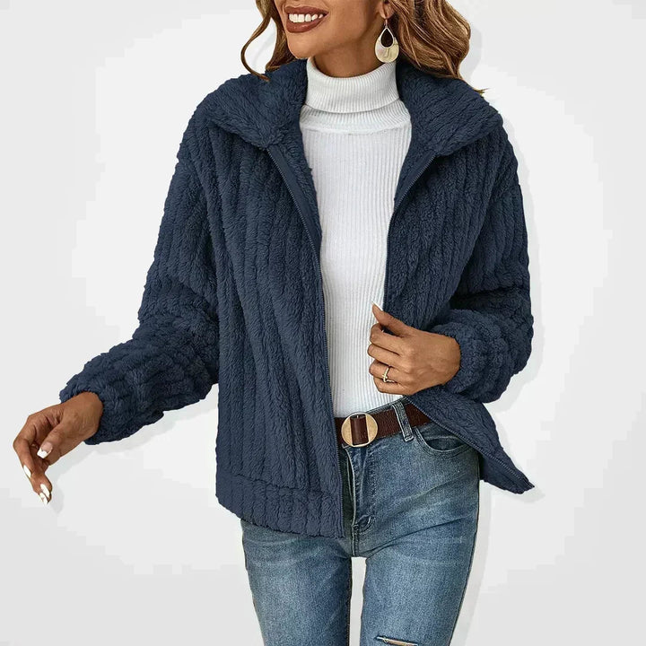 Women's Knit Jacket with Mock Neck and Zip - Relaxed Fit - Navy