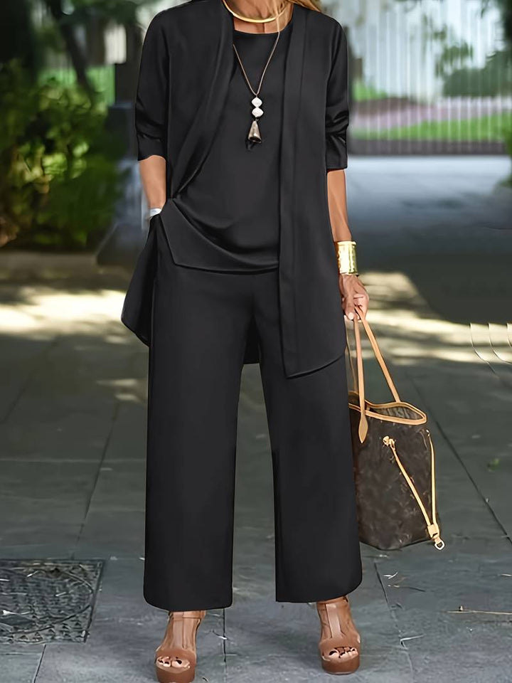 Women's Loose Three Piece Set - Cardigan, Top & Wide Leg Trousers - Black
