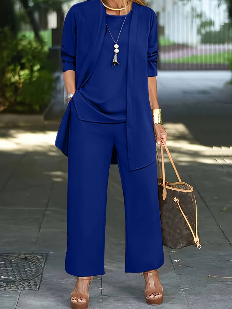 Women's Loose Three Piece Set - Cardigan, Top & Wide Leg Trousers - Blue