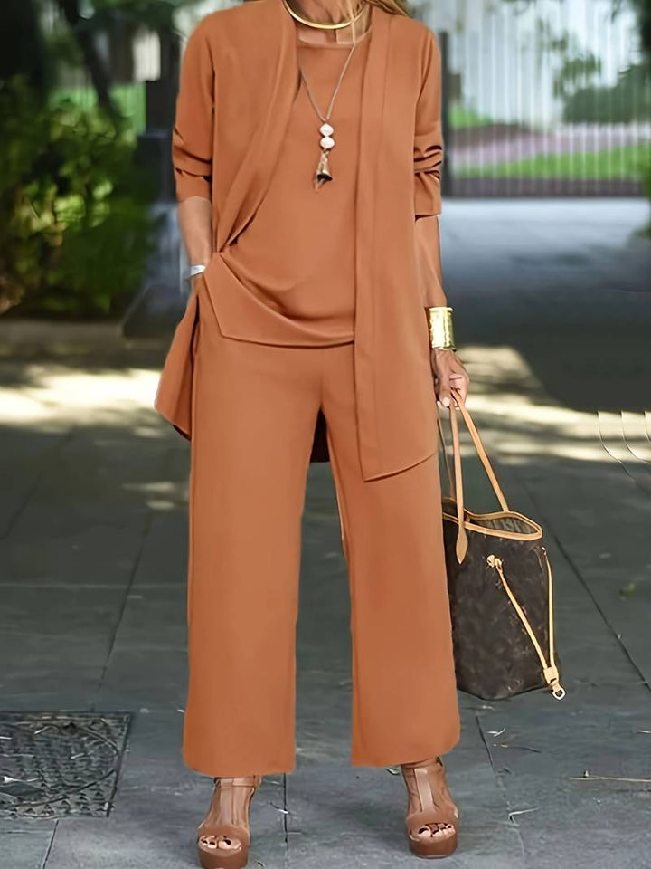 Women's Loose Three Piece Set - Cardigan, Top & Wide Leg Trousers - Caramel