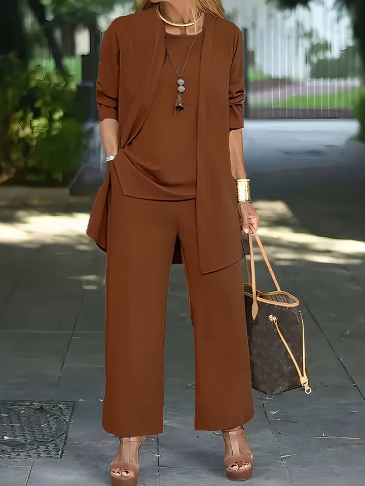 Women's Loose Three Piece Set - Cardigan, Top & Wide Leg Trousers - Dark Brown