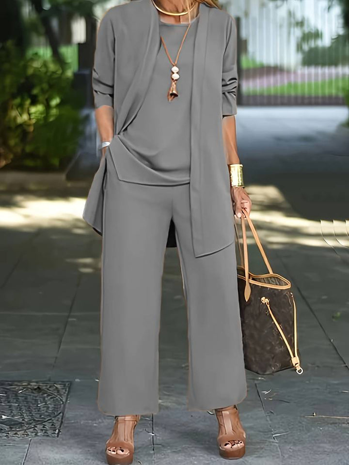 Women's Loose Three Piece Set - Cardigan, Top & Wide Leg Trousers - Grey