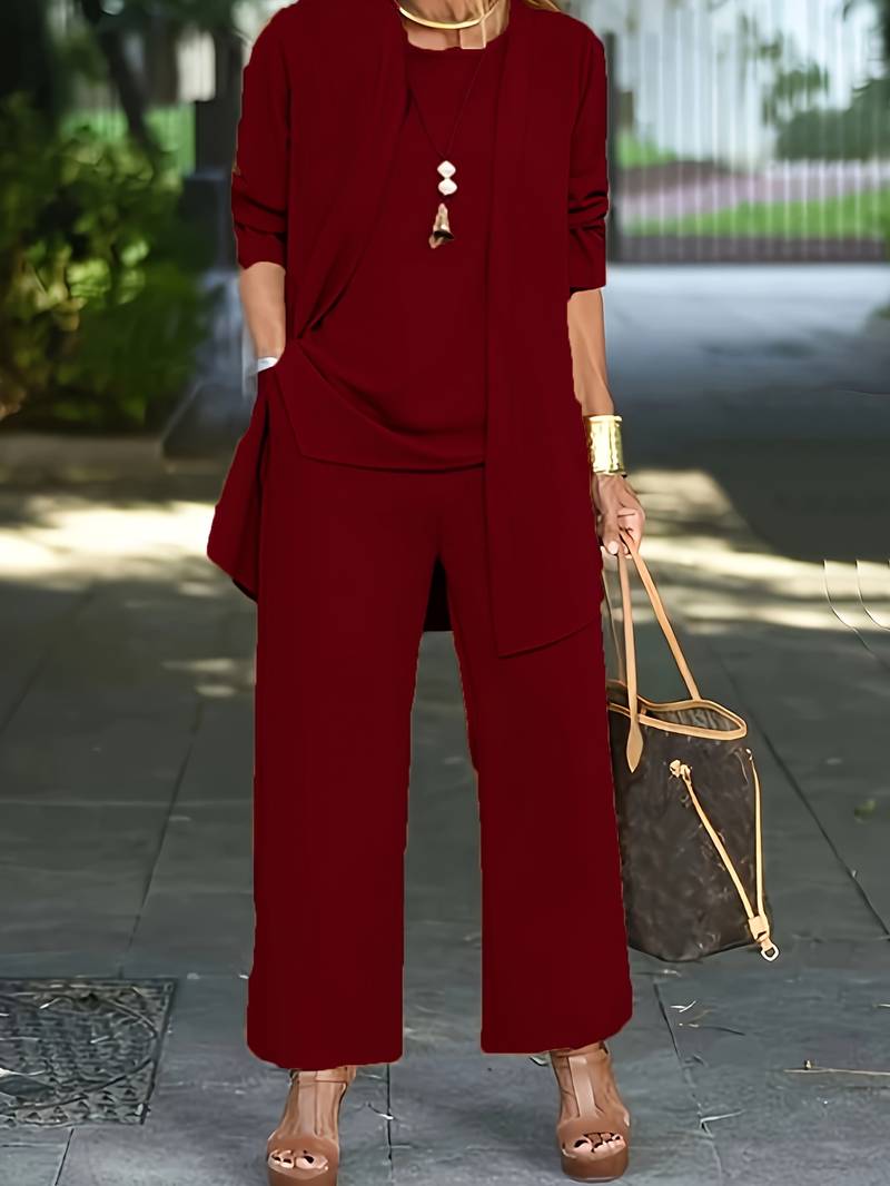 Women's Loose Three Piece Set - Cardigan, Top & Wide Leg Trousers - Wine Red