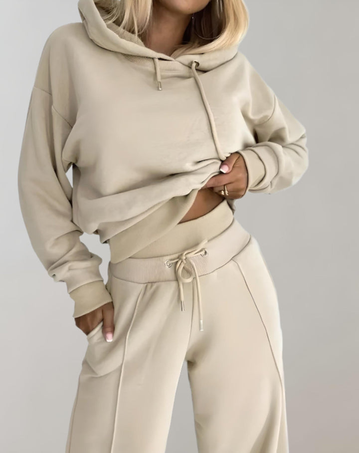 Women's Lounge Set Knit Top Wide Leg Pants - Relaxed Fit - Beige