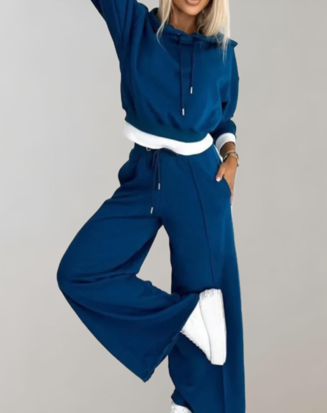 Women's Lounge Set Knit Top Wide Leg Pants - Relaxed Fit - Blue