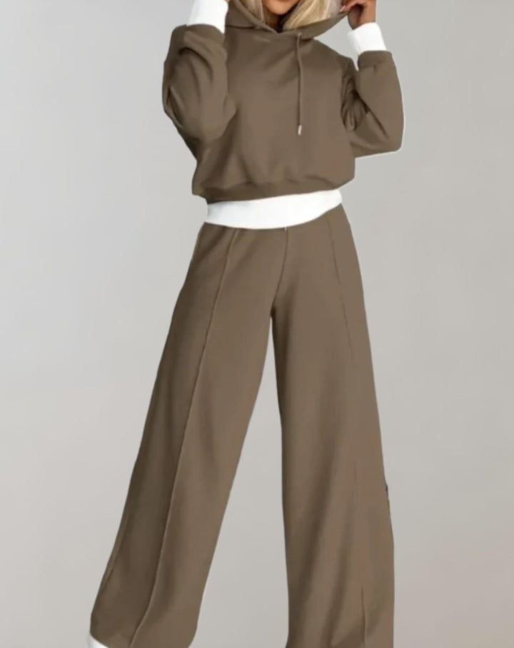 Women's Lounge Set Knit Top Wide Leg Pants - Relaxed Fit - Brown