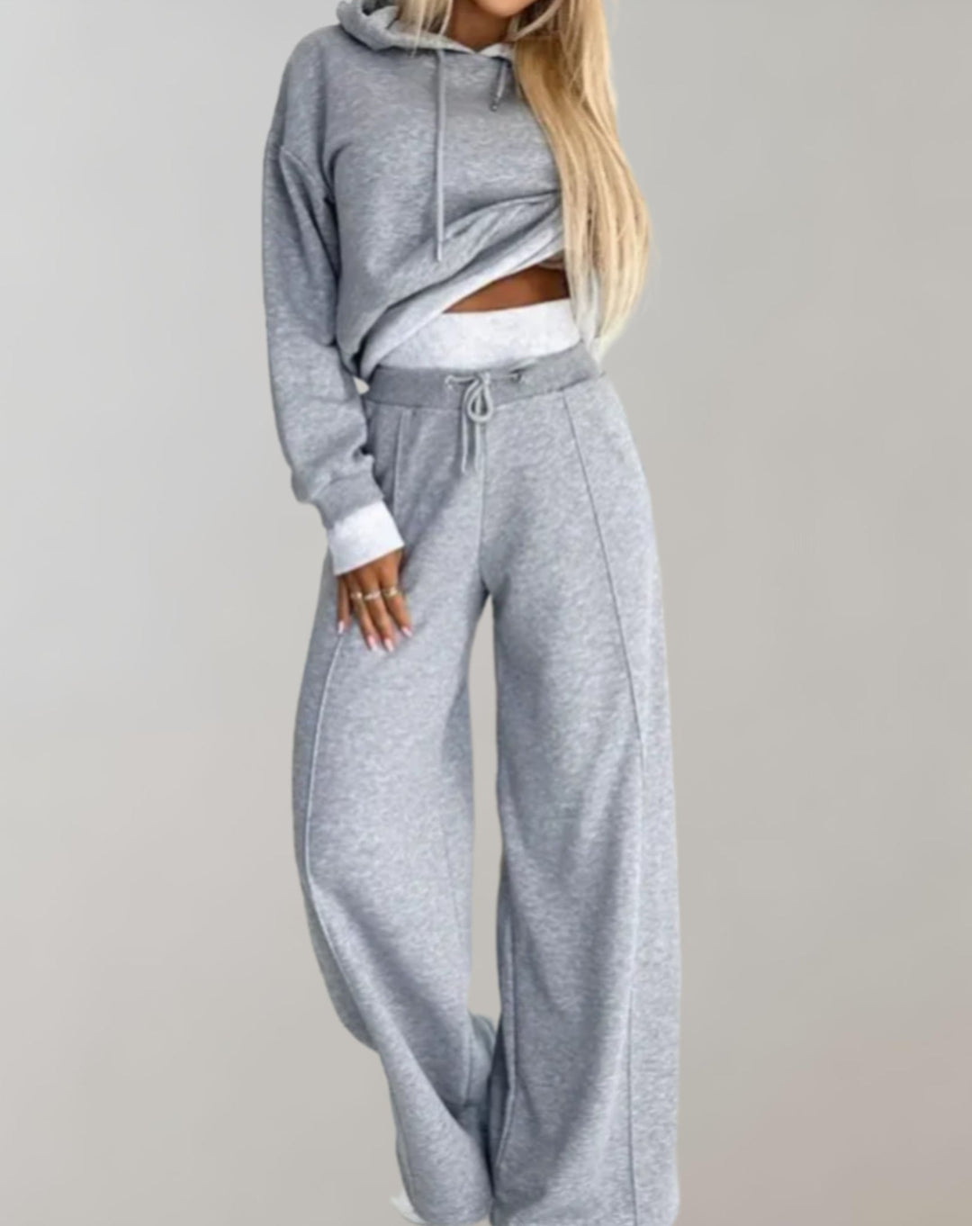 Women's Lounge Set Knit Top Wide Leg Pants - Relaxed Fit - Grey