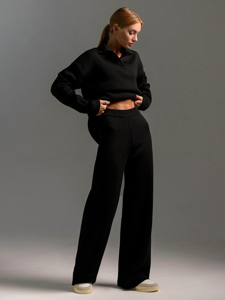 Women's Loungewear Set - Wide Leg Pants & Polo Pullover - Black