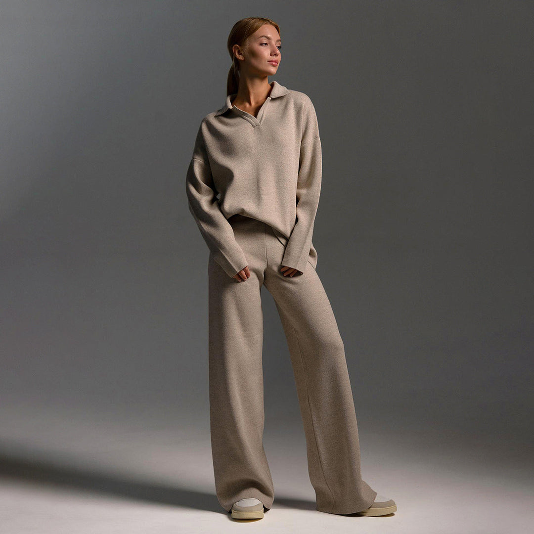 Women's Loungewear Set - Wide Leg Pants & Polo Pullover - Cream