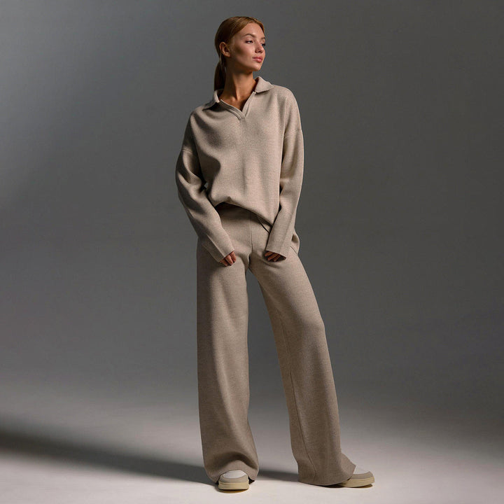 Women's Loungewear Set - Wide Leg Pants & Polo Pullover