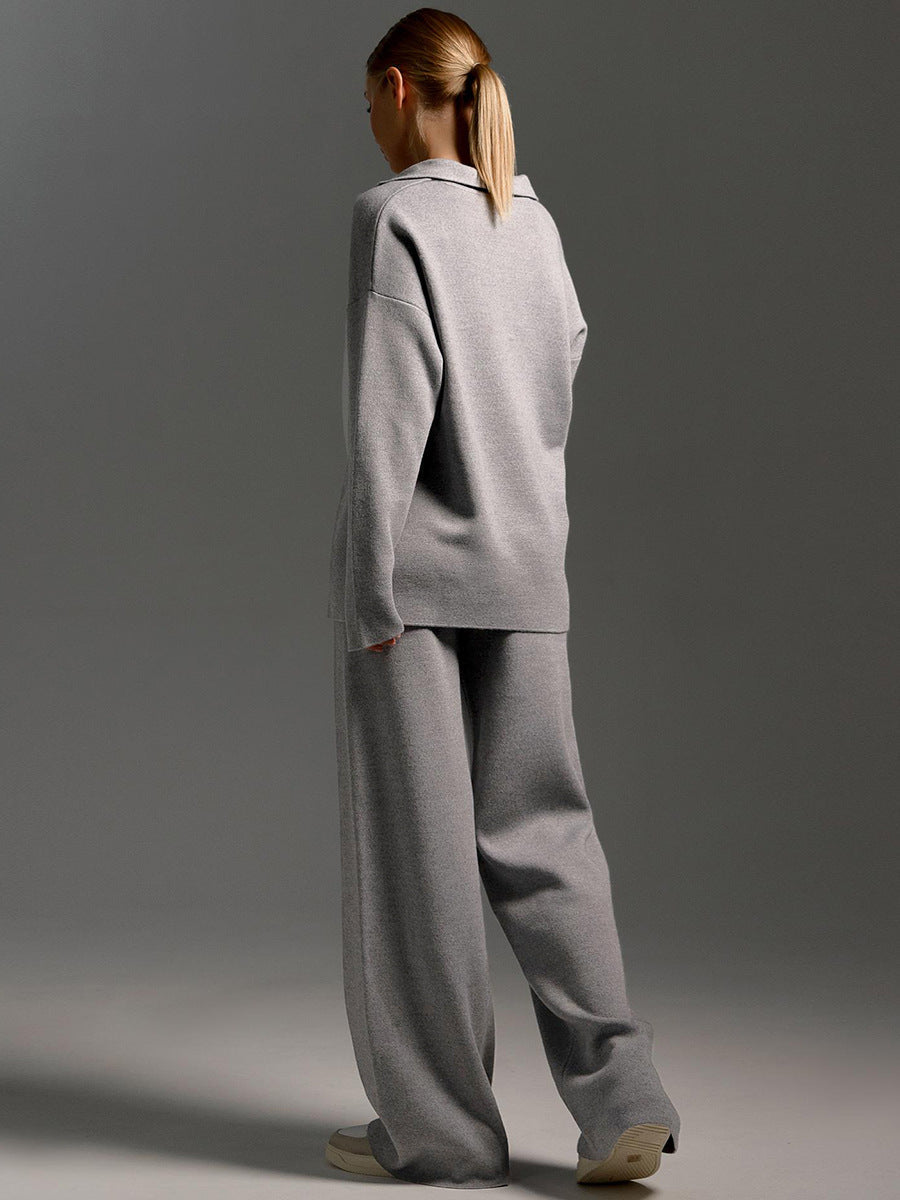 Women's Loungewear Set - Wide Leg Pants & Polo Pullover