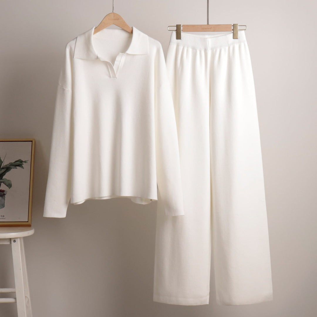 Women's Loungewear Set - Wide Leg Pants & Polo Pullover