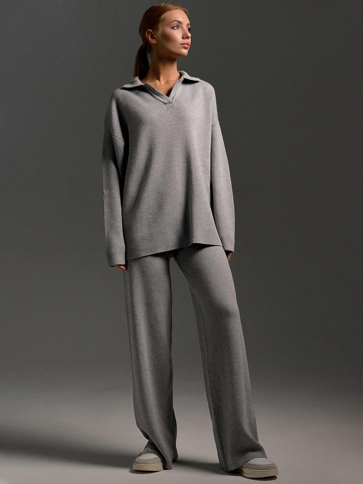 Women's Loungewear Set - Wide Leg Pants & Polo Pullover