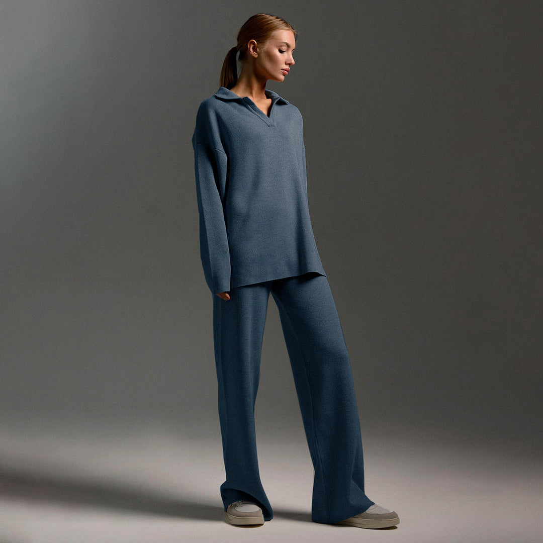 Women's Loungewear Set - Wide Leg Pants & Polo Pullover
