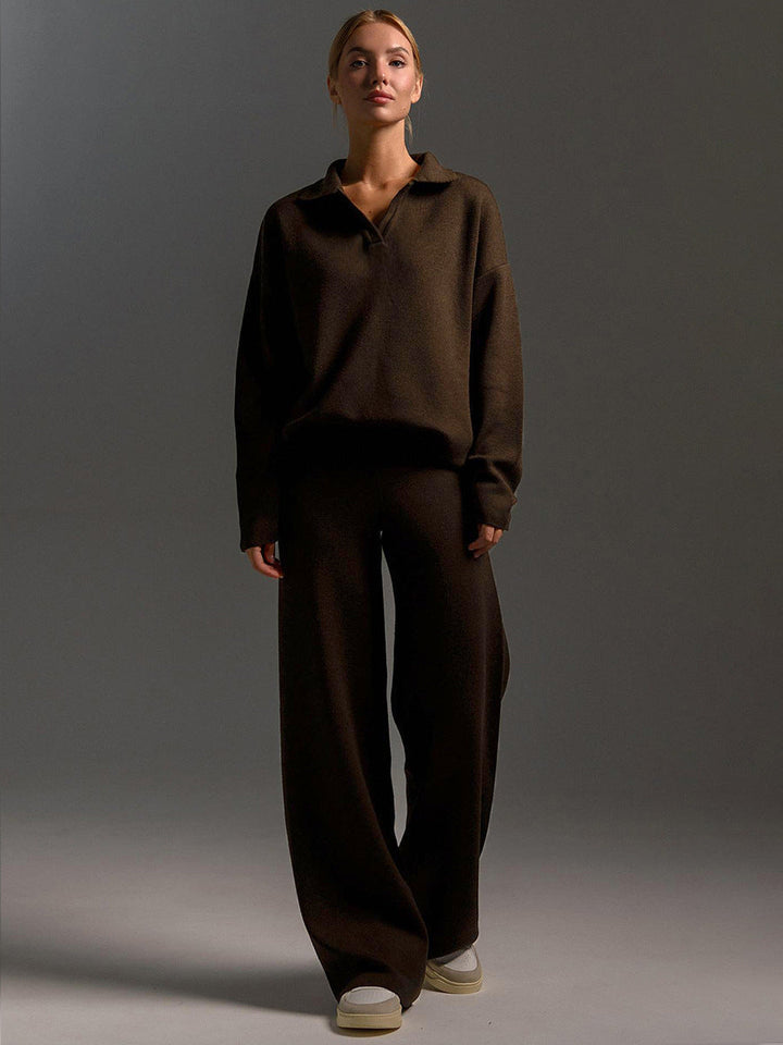 Women's Loungewear Set - Wide Leg Pants & Polo Pullover