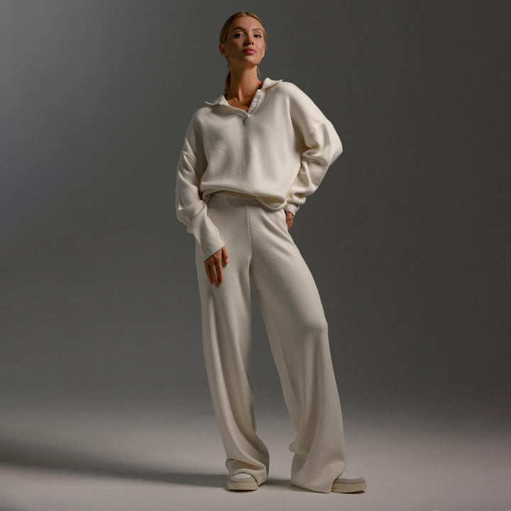 Women's Loungewear Set - Wide Leg Pants & Polo Pullover - White