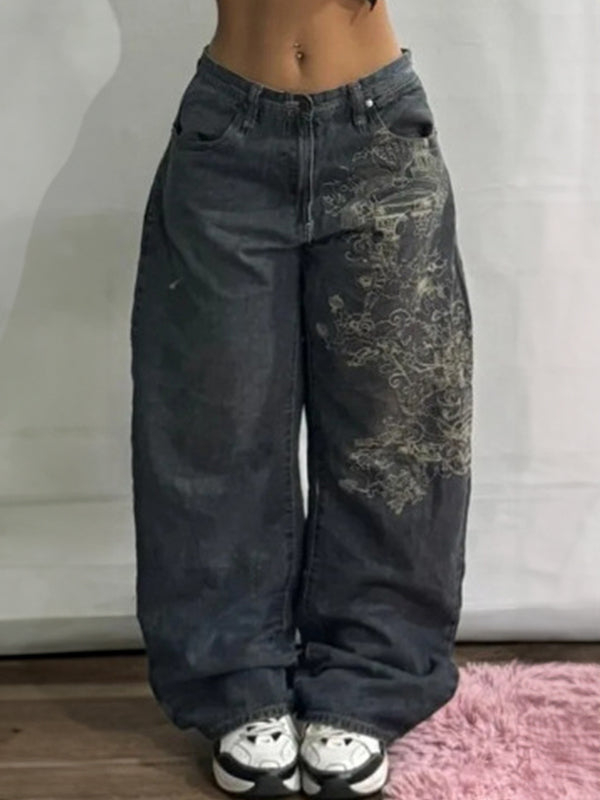 Women's Mid Rise Baggy Black Jeans - Graphic Thigh Design - Black