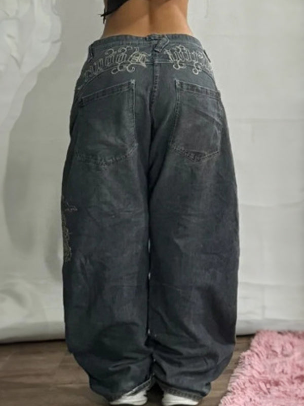 Women's Mid Rise Baggy Black Jeans - Graphic Thigh Design