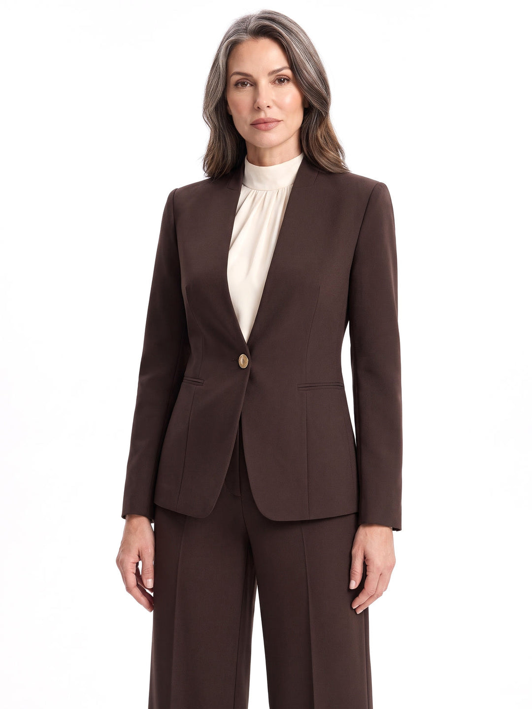 Women's Single-Button Blazer & Wide-Leg Trouser Suit Set - Brown