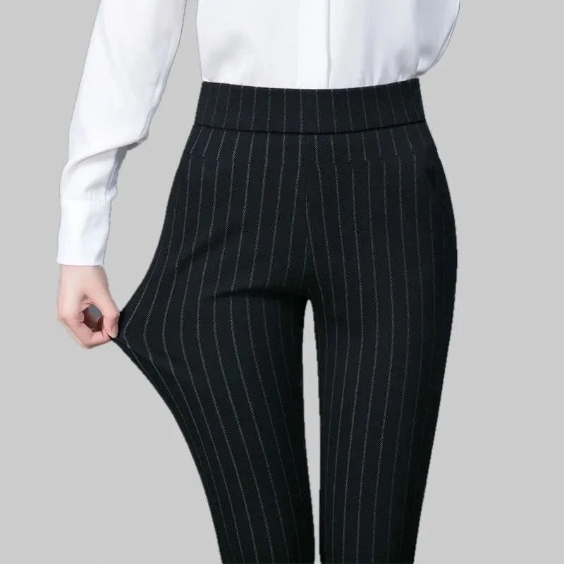 Women's Stretch Pants - Elegant Comfort Fit - Black with Stripes