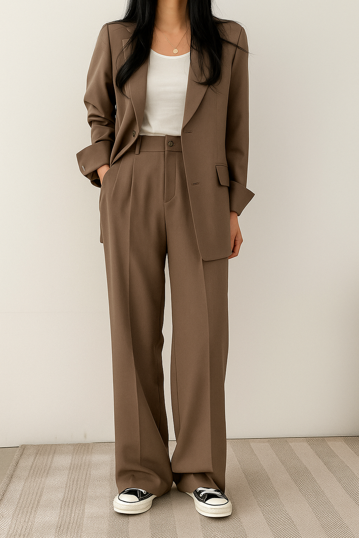 Women's Tailored Blazer & Trouser Set - Classic Sophistication - Brown