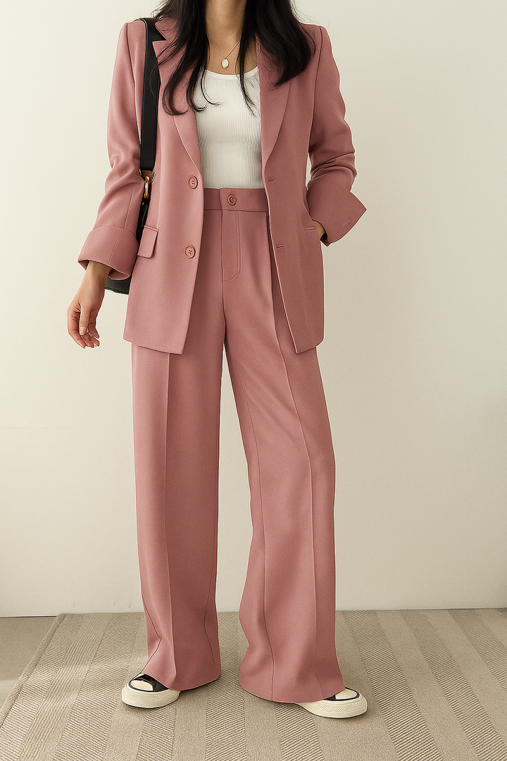 Women's Tailored Blazer & Trouser Set - Classic Sophistication - Pink