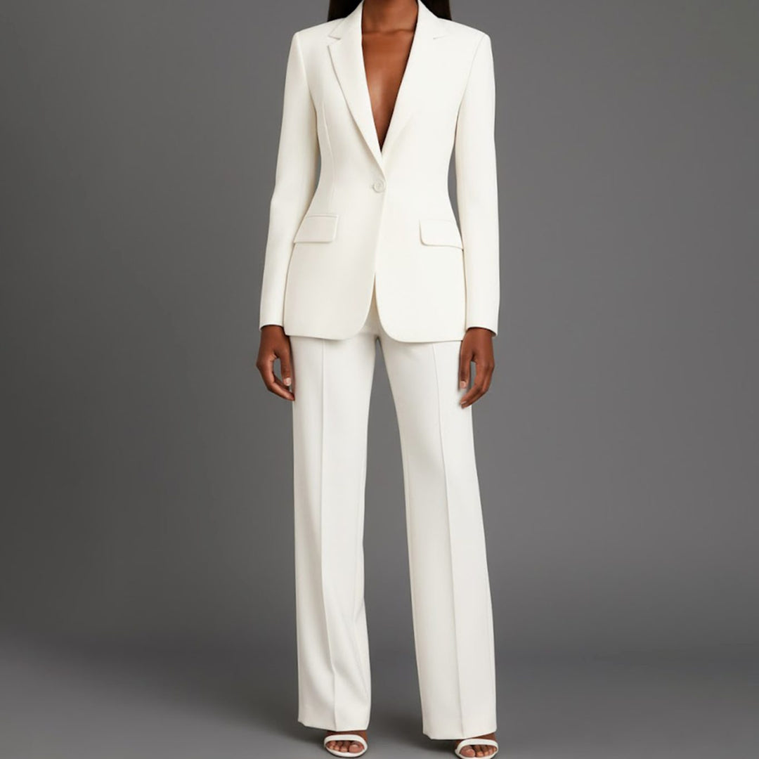 Women's Tailored Blazer & Wide-Leg Pants Suit Set - Black - White