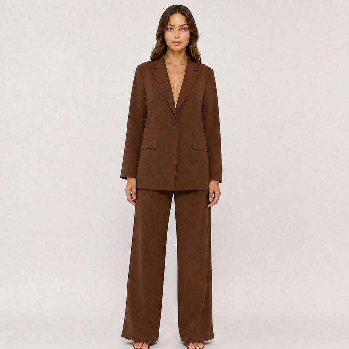 Women's Tailored Blazer & Wide-Leg Trouser Set - Brown