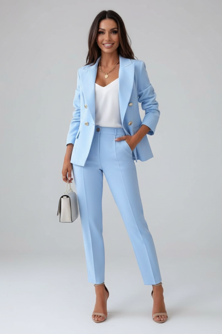 Women's Tailored Two-Piece Set - Coordinated Top & Bottoms - Light Blue